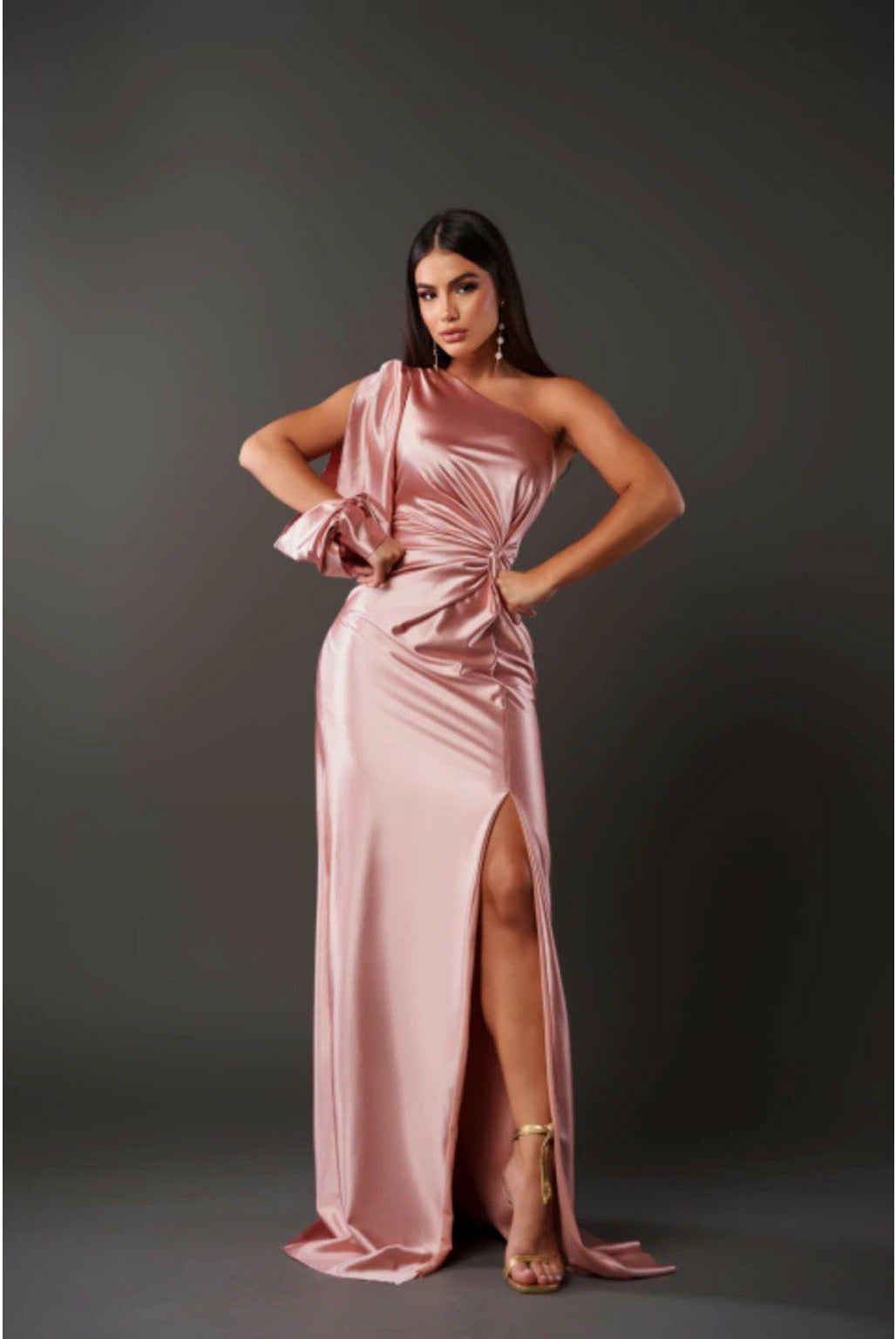 Olive green Becca elegant satin maxi dress by Lumina Wear, shown on a model suitable for wedding guest attire.