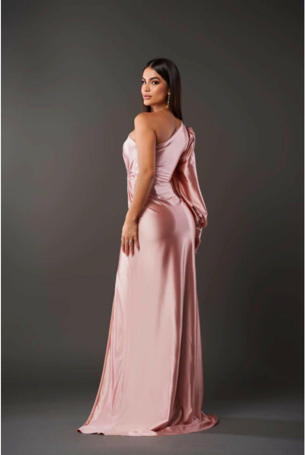 Olive green Becca Lumina Wear elegant satin maxi dress for women, featuring a flowing silhouette perfect for wedding guests.
