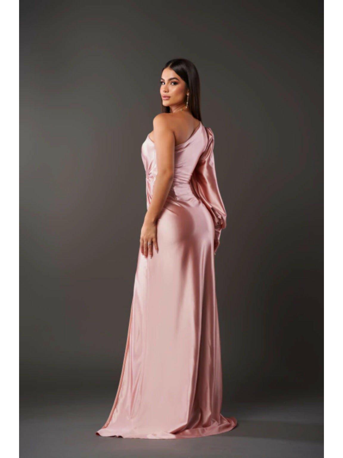 Olive green Becca elegant satin maxi dress by Lumina Vancouver, perfect for wedding guests, showcasing flowing fabric and sophisticated style.