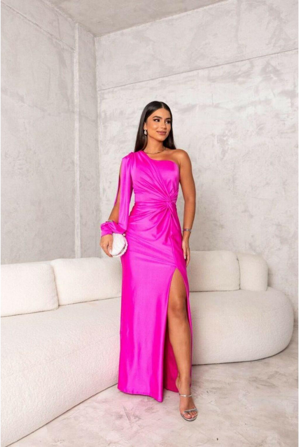 Olive green Becca Lumina Wear elegant satin maxi dress, perfect for wedding guests, displayed on a model.