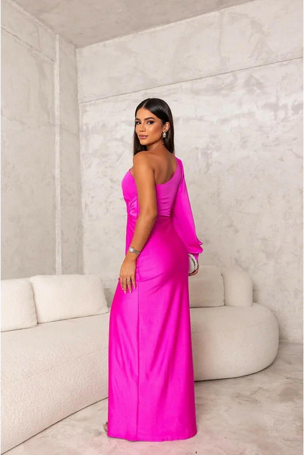 Olive green Becca elegant satin maxi dress by Lumina Wear, featuring flowing fabric and stylish design for wedding guest attire.