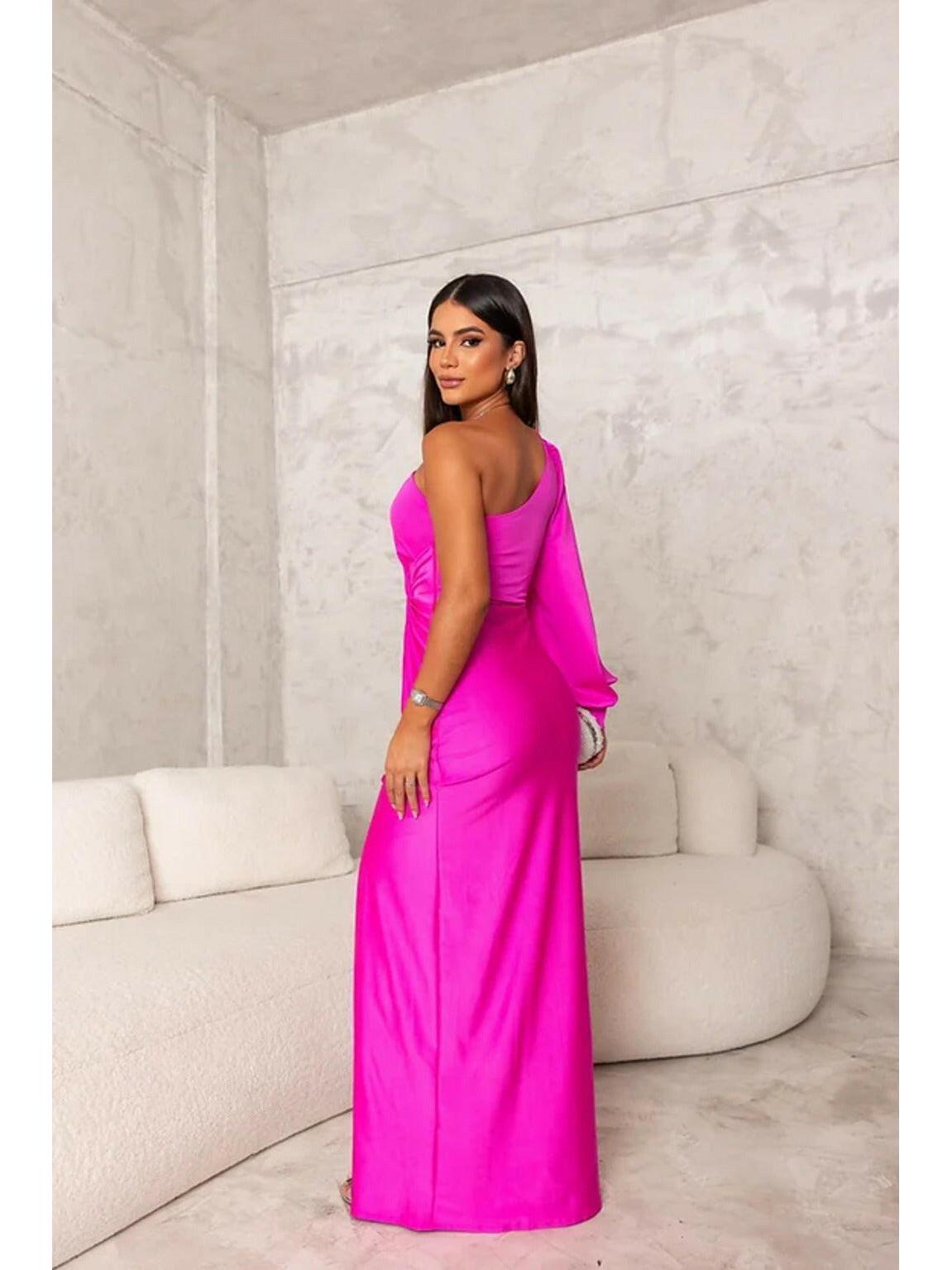 Elegant olive green satin maxi dress by Lumina Vancouver, perfect for wedding guests, featuring a sleek, flowing design.