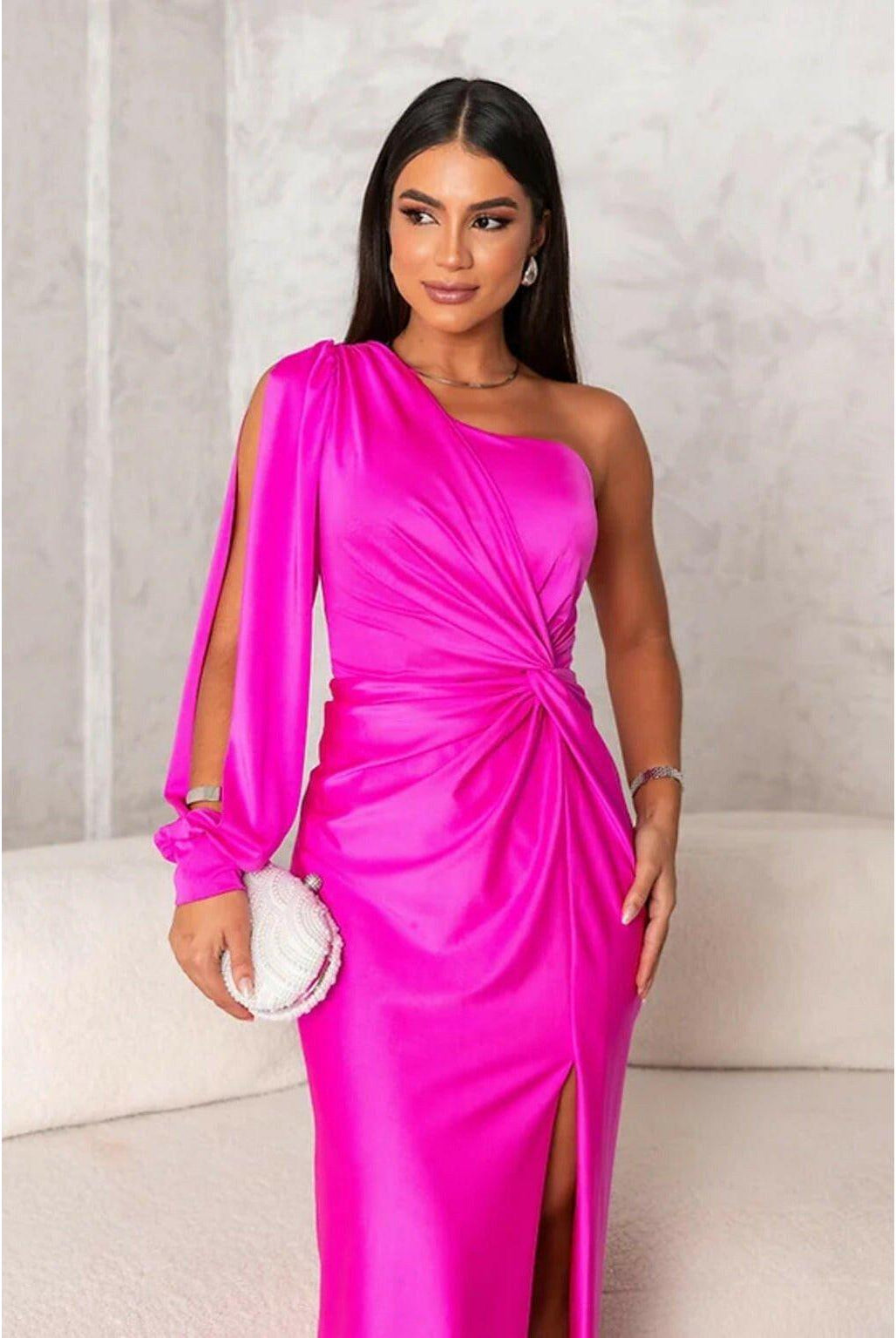Olive green Becca elegant satin maxi dress by Lumina Wear, featuring a flowing silhouette perfect for wedding guests.