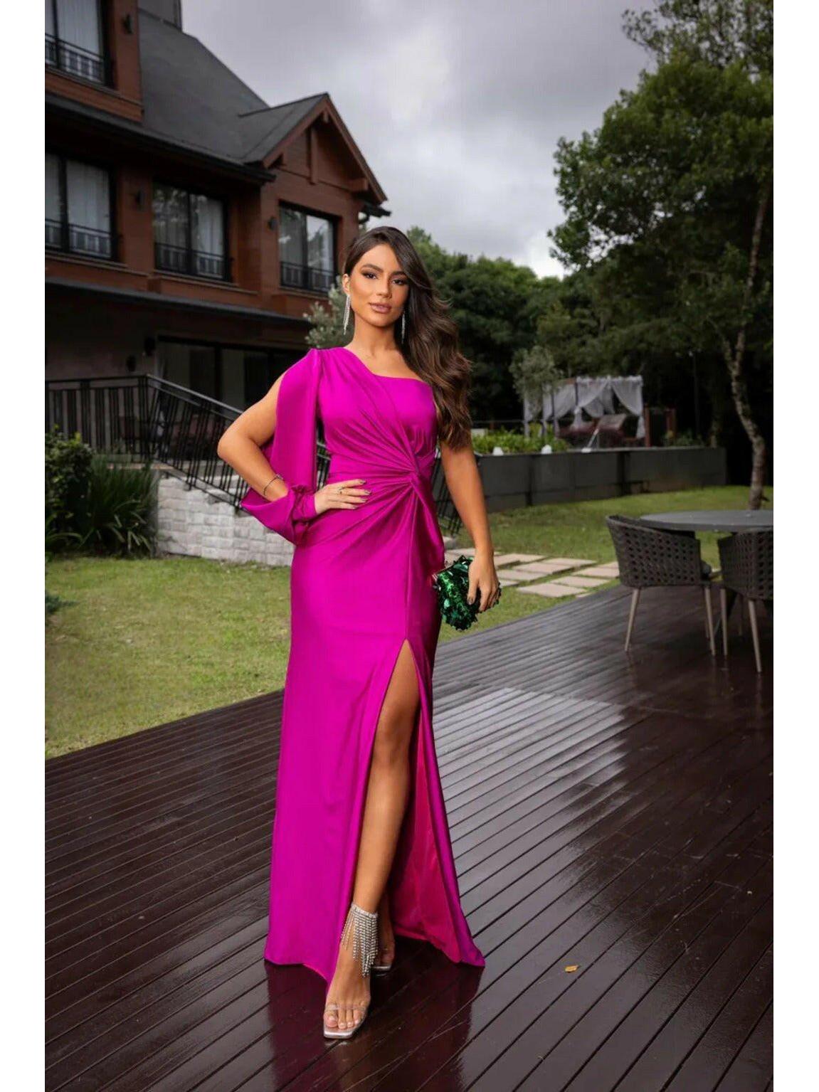 Olive green Becca elegant satin maxi dress by Lumina Vancouver, perfect for wedding guest attire, shown on a model.