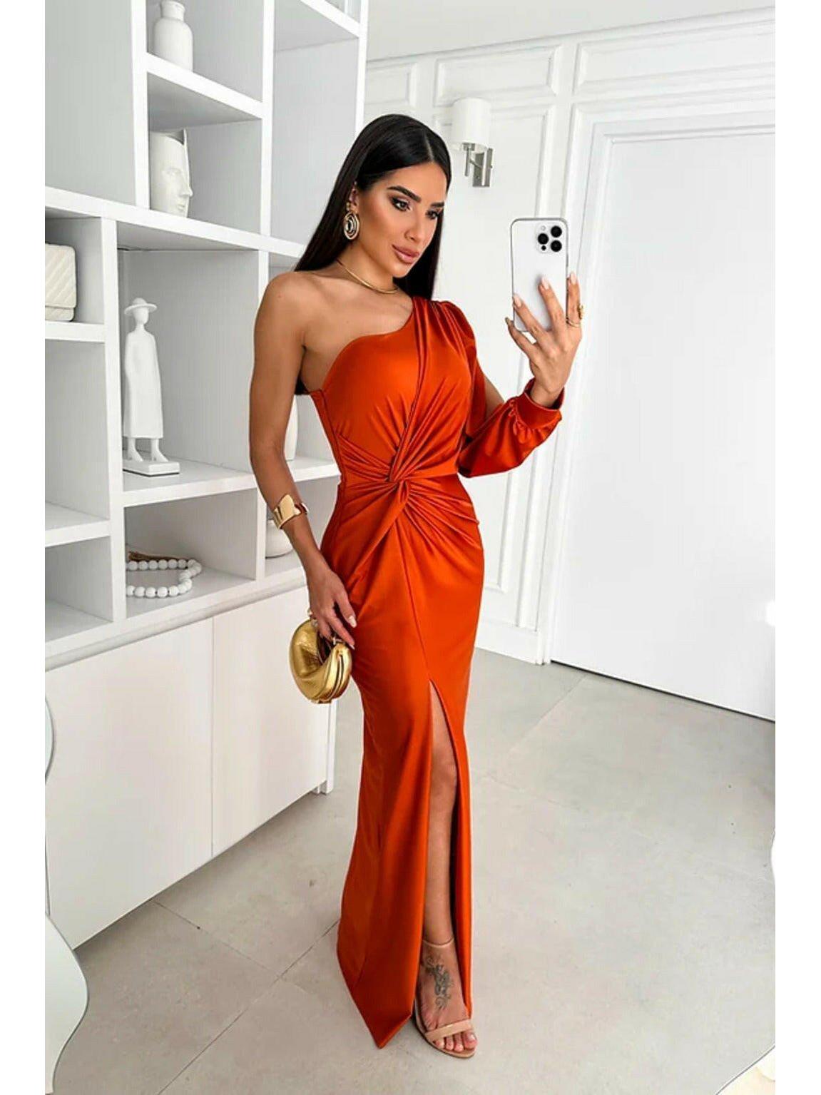 Olive green Becca elegant satin maxi dress for wedding guests, by Lumina Vancouver, showing flowing fabric and sophisticated style.