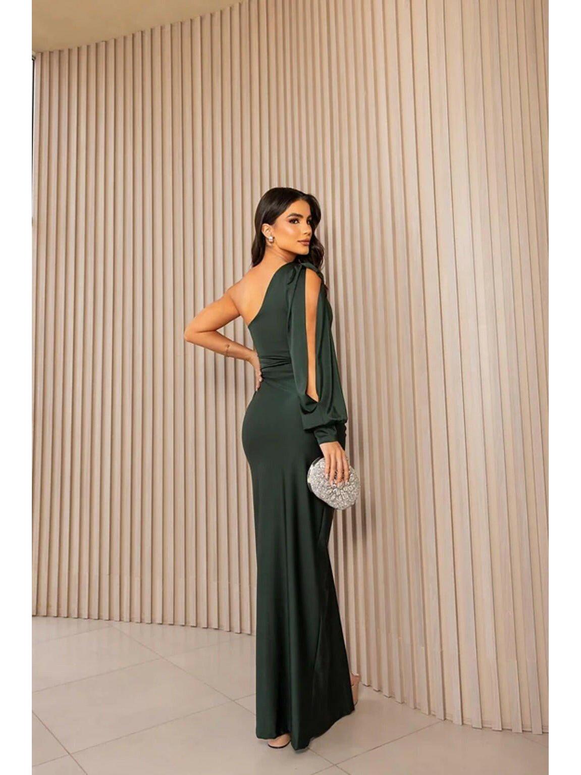 Olive green Becca elegant satin maxi dress for wedding guest from Lumina Vancouver, showcasing flowing fabric and stylish design.