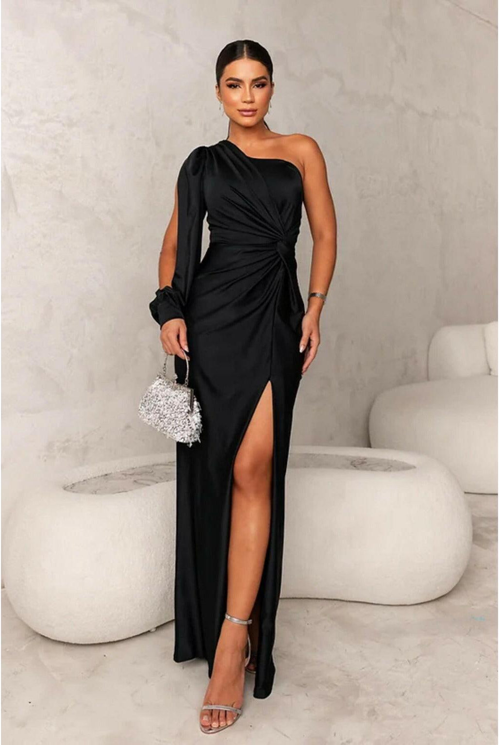 Olive green Becca elegant satin maxi dress by Lumina Wear, featuring flowing fabric and sophisticated design for formal occasions.