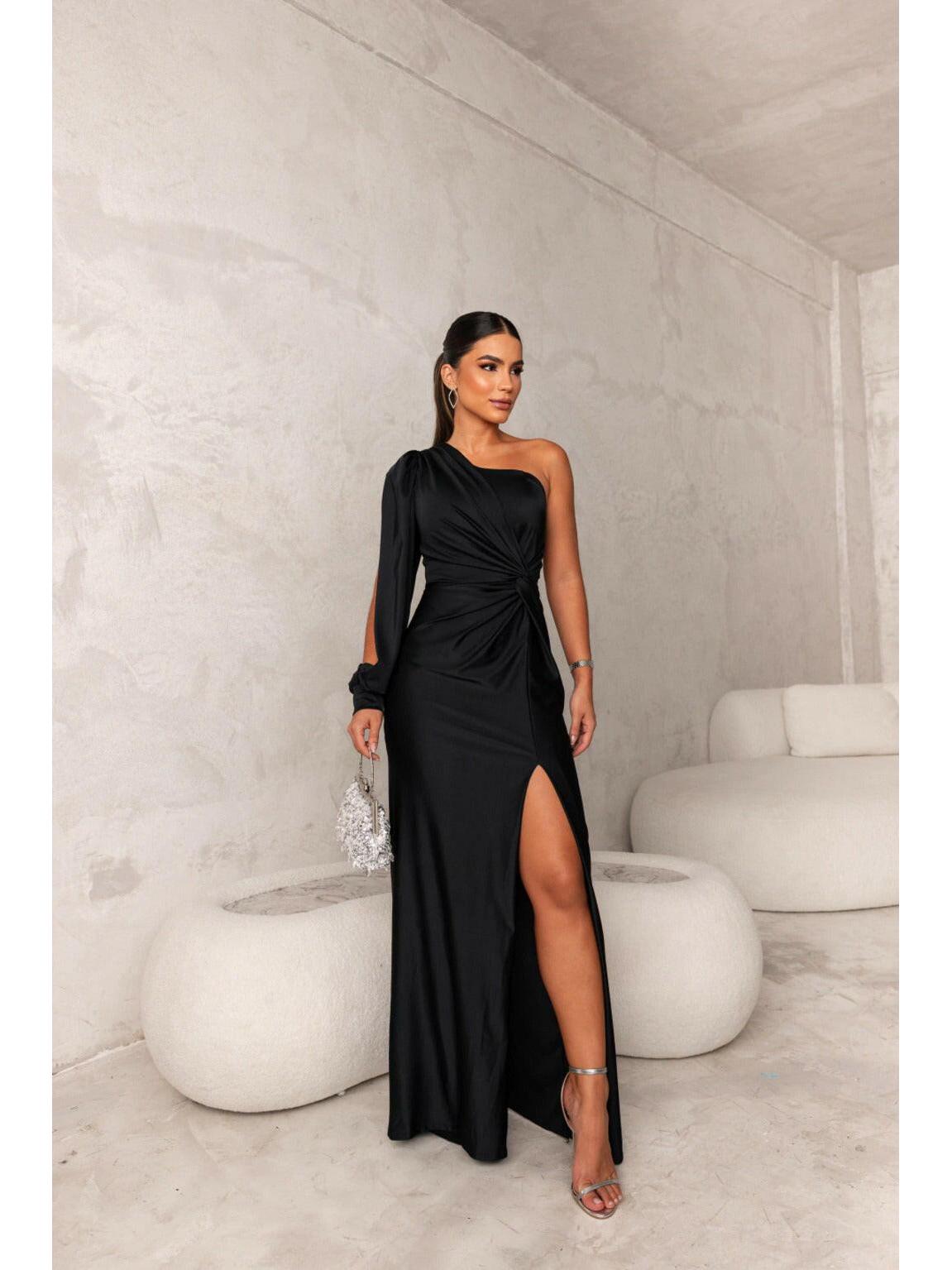 Olive green Becca elegant satin maxi dress by Lumina Vancouver, perfect for wedding guest attire, shown on a model.