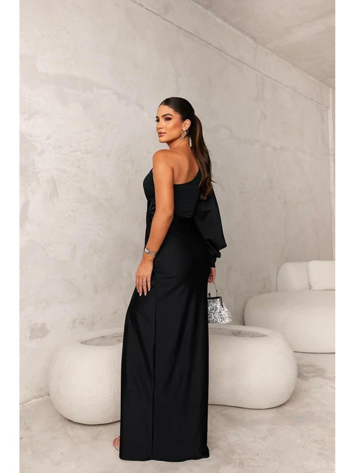 Olive green Becca elegant satin maxi dress by Lumina Vancouver, styled for a wedding guest, featuring flowing fabric and sophisticated design.