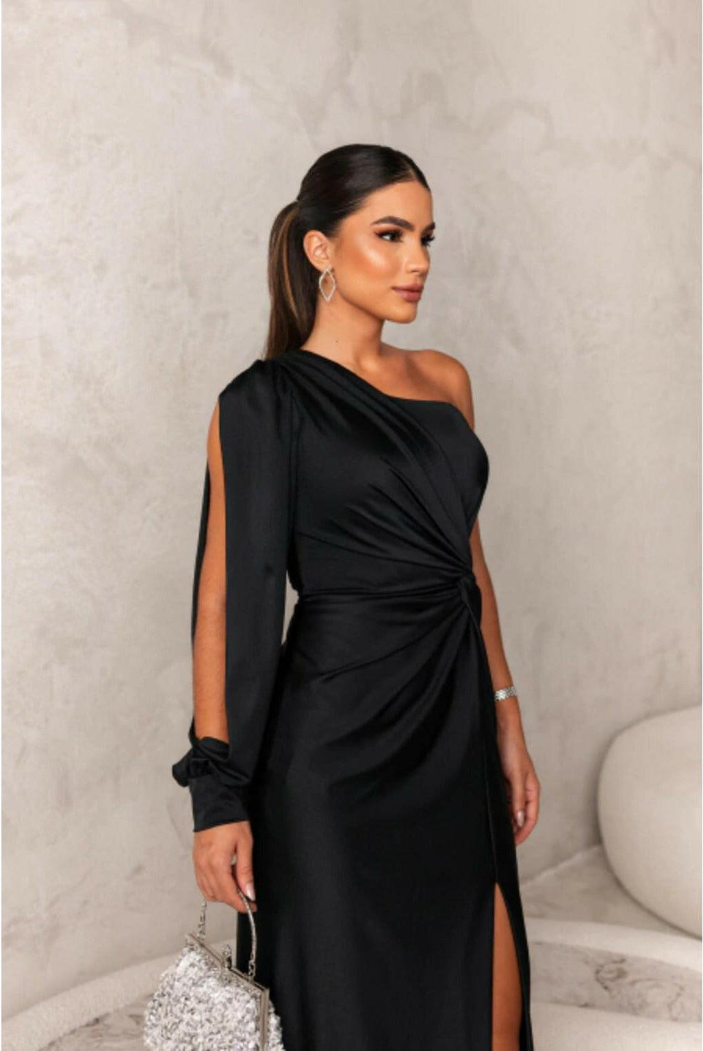 Olive green Becca elegant satin maxi dress by Lumina Wear, flowing fabric, V-neck, perfect for wedding guest attire.