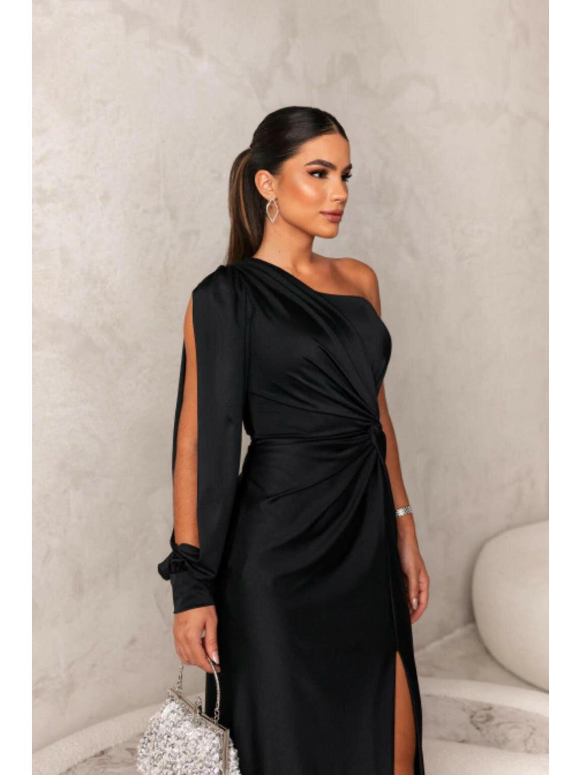 Olive green Becca elegant satin maxi dress for wedding guests by Lumina Vancouver, styled for sophisticated occasions.