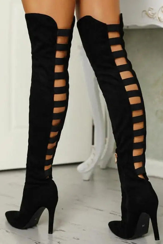 Black high heel boots for women featuring daring cutout design from Lumina Wear's Bella collection.