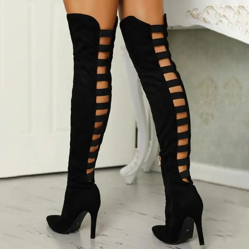 Black high heel boots for women featuring daring cutout design from Lumina Wear's Bella collection.