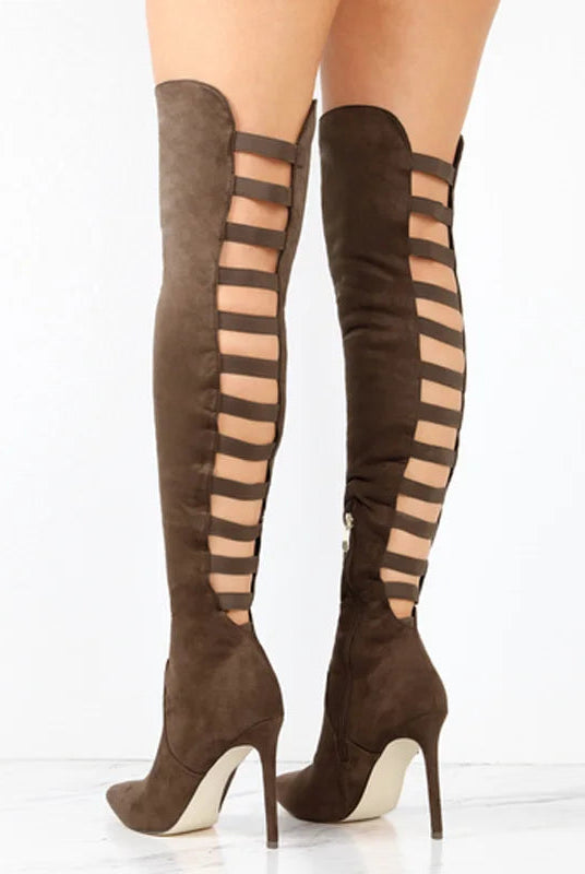 Black high heel boots for women featuring daring cutout design from Lumina Wear, styled with pointed toes and stiletto heels.
