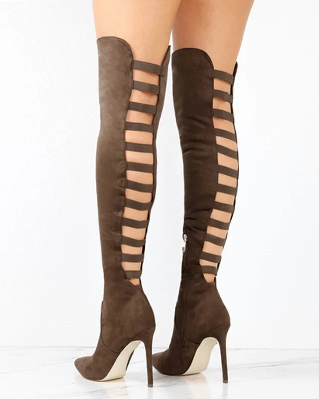 Black high heel boots for women featuring daring cutouts, from Lumina Wear's Bella collection, stylish and modern footwear.