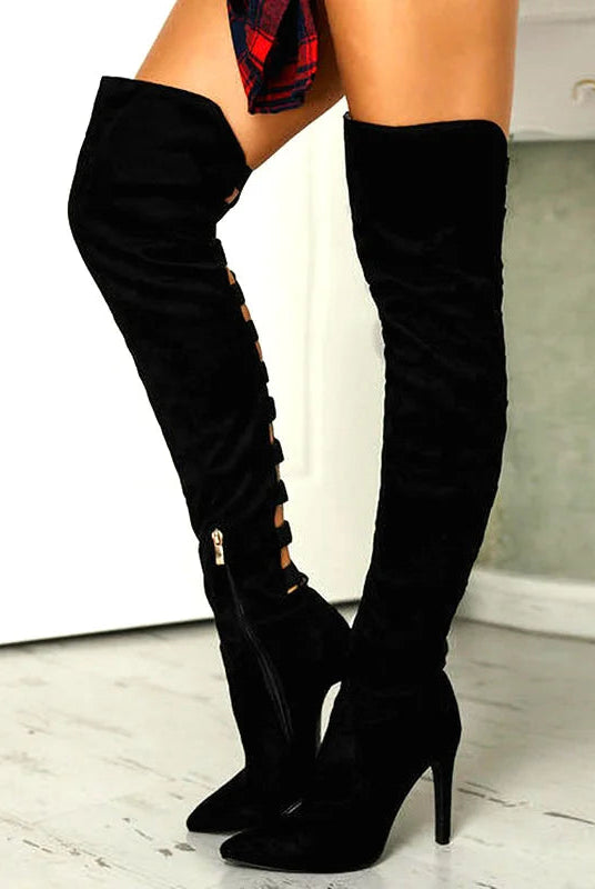 Black high heel boots for women featuring daring cutout design by Lumina Wear, stylish ankle-length with pointed toe.