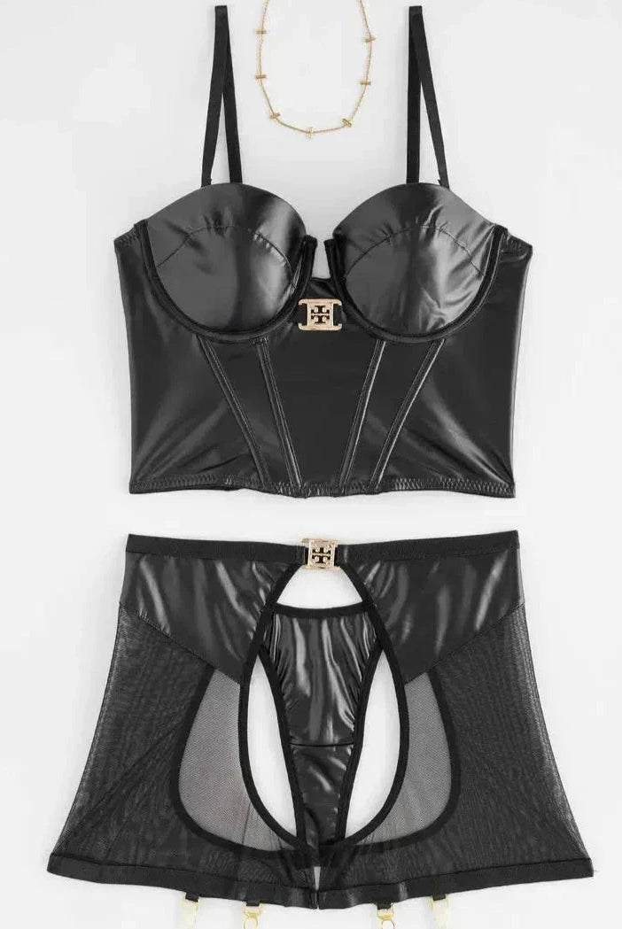 Lumina Wear Bella Leather Lingerie, black lingerie set with leather details, featuring a bra and matching panties.