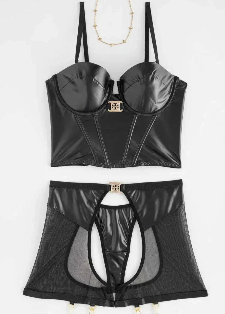 Lumina Vancouver Bella Leather Lingerie in size S, featuring sleek black leather design with delicate straps and detailed craftsmanship.