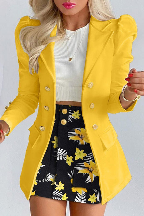 Lumina Wear Bella floral blazer and skirt set for women, tailored fit in purple with a stylish floral pattern.