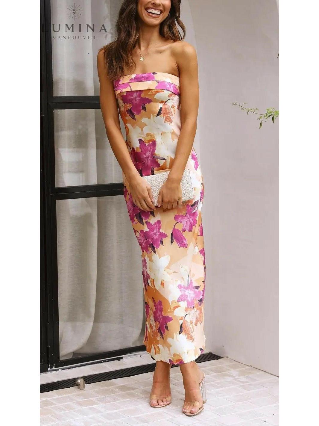 Pink Bellamy sleeveless floral maxi dress by Lumina Vancouver, perfect for wedding guests, shown on a model.