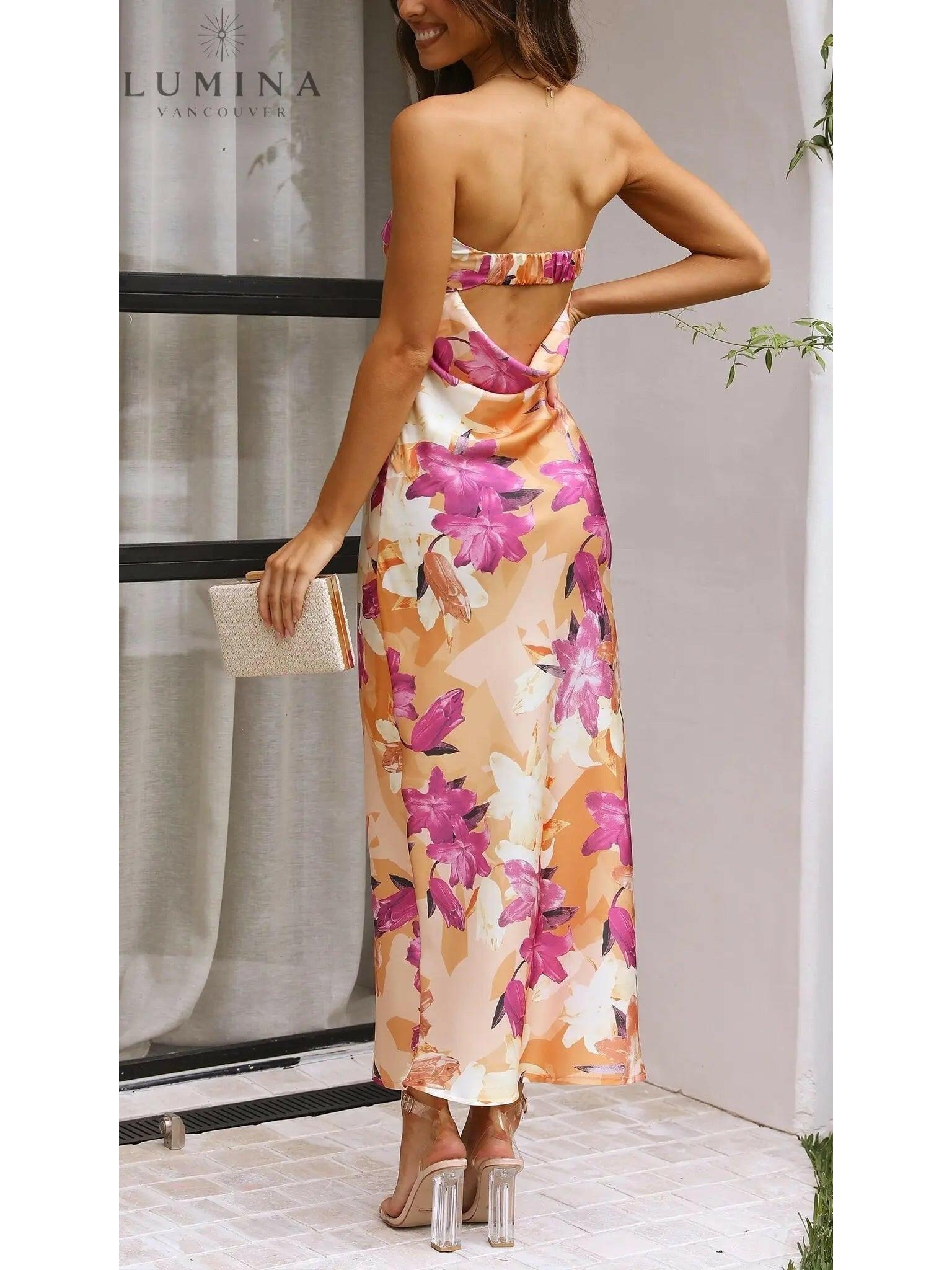 Pink Bellamy sleeveless floral maxi dress by Lumina Vancouver, perfect for wedding guests, shown on a model.