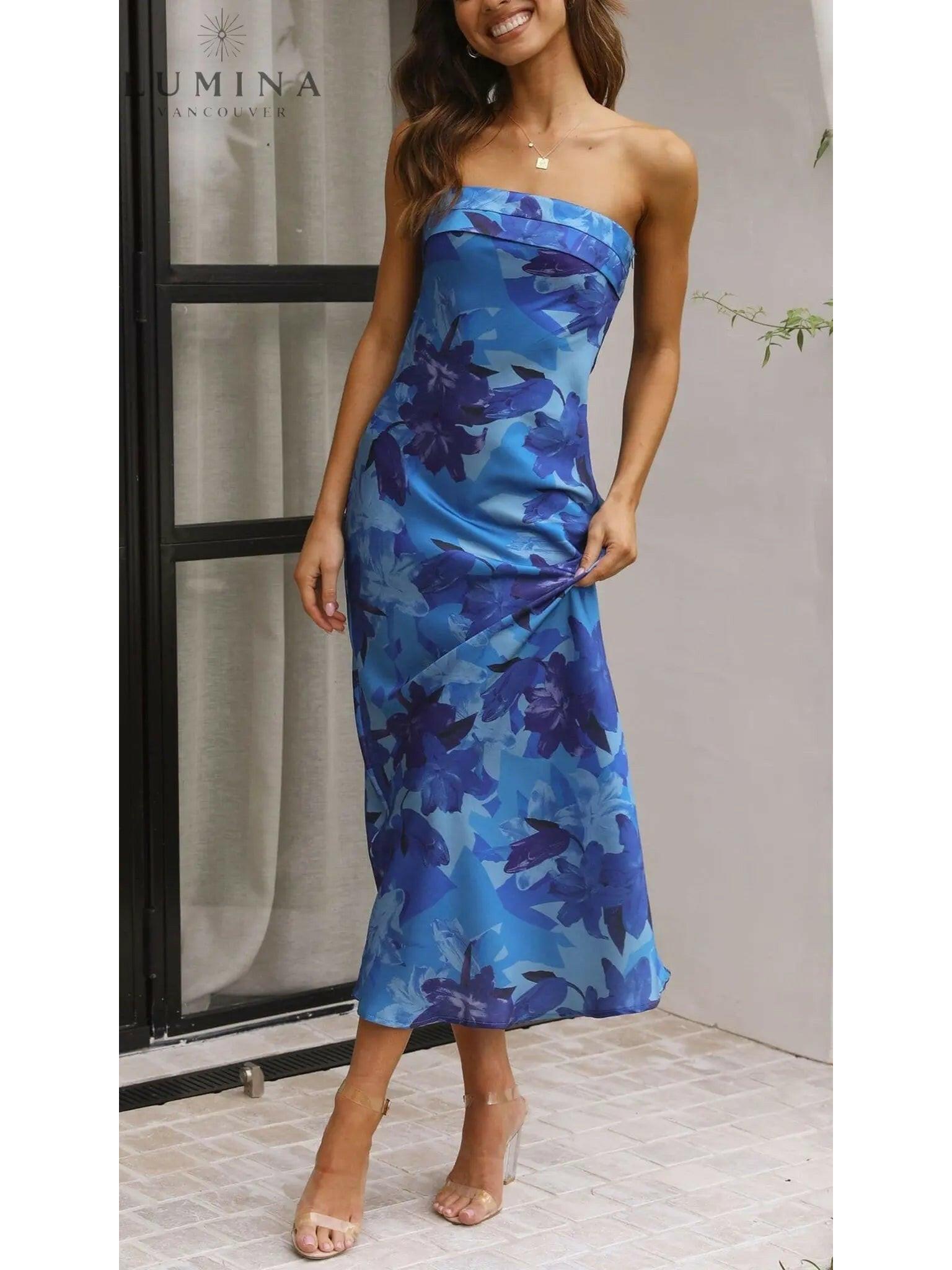 Pink Bellamy sleeveless floral maxi dress by Lumina Vancouver, perfect for wedding guests, shown on a size 8-10 model.