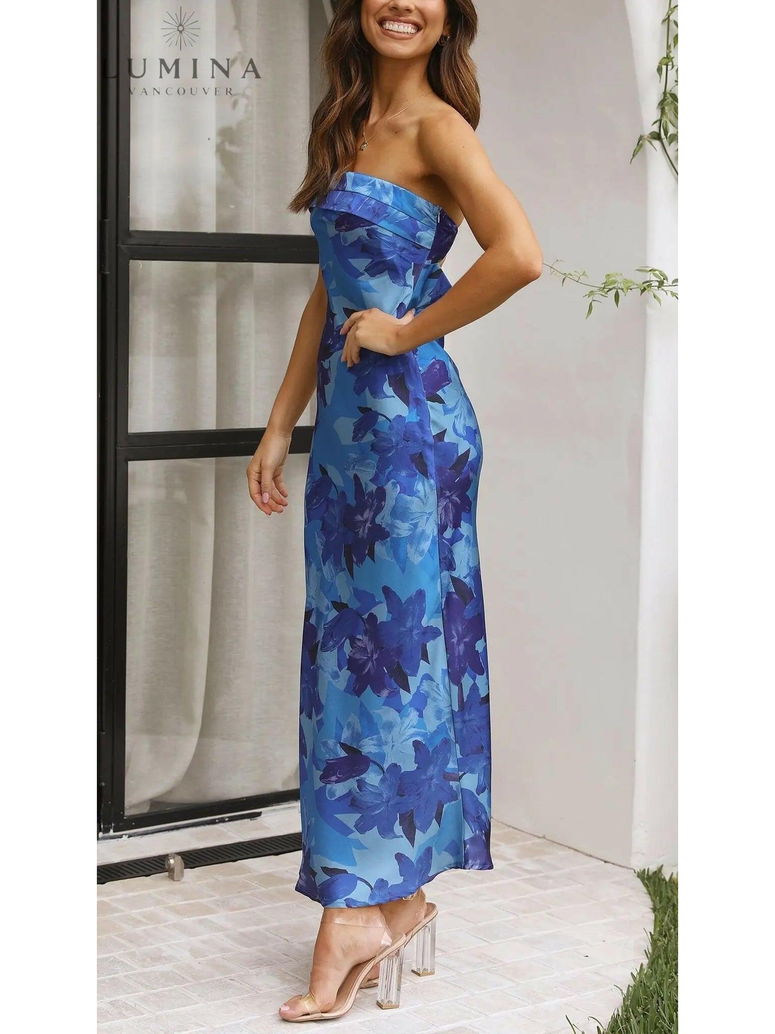 Pink Bellamy sleeveless floral maxi dress by Lumina Vancouver, perfect for wedding guests, shown on a model.