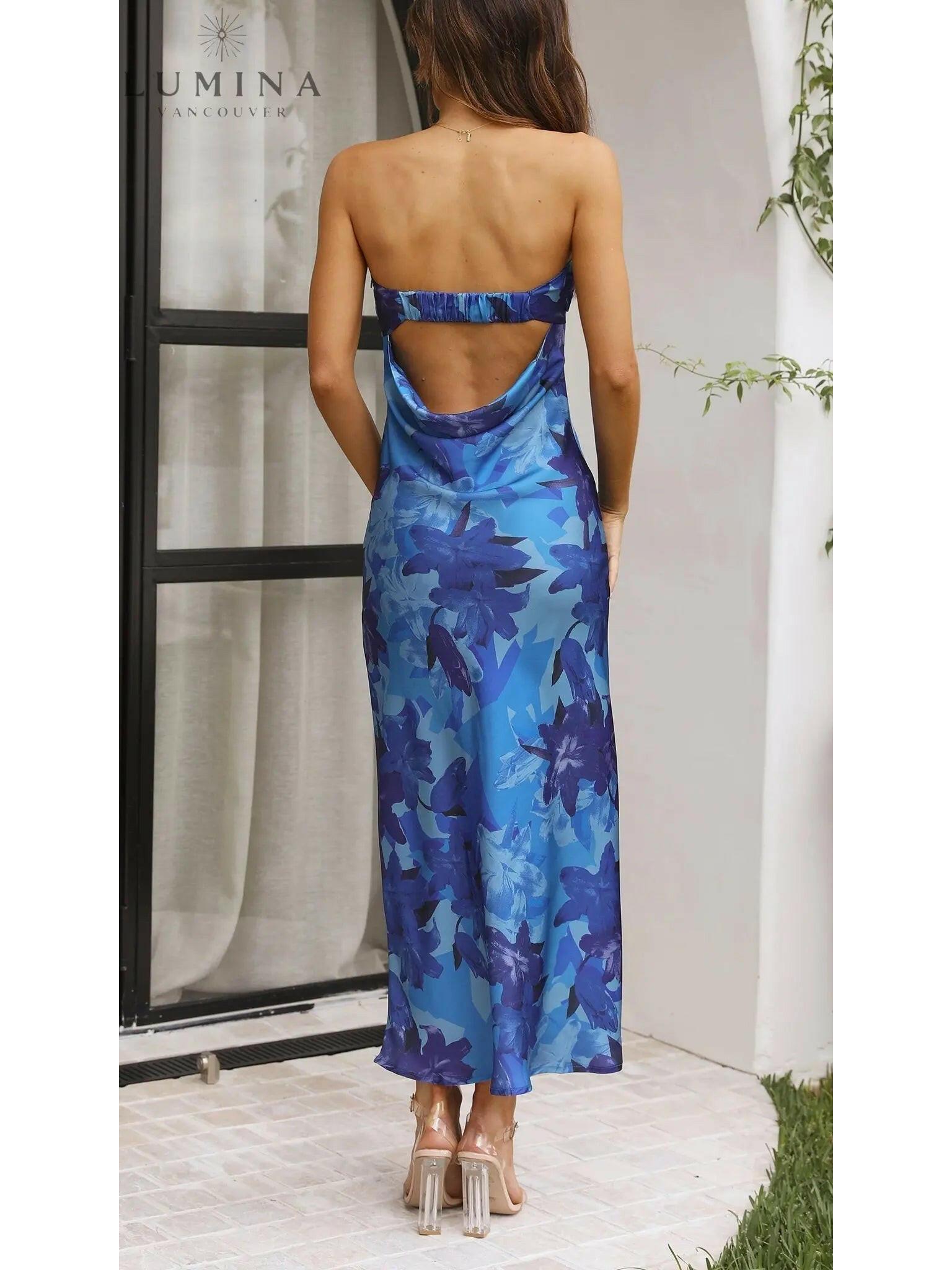 Pink Bellamy sleeveless floral maxi dress by Lumina Vancouver, perfect for wedding guests, with a flowing, elegant design.