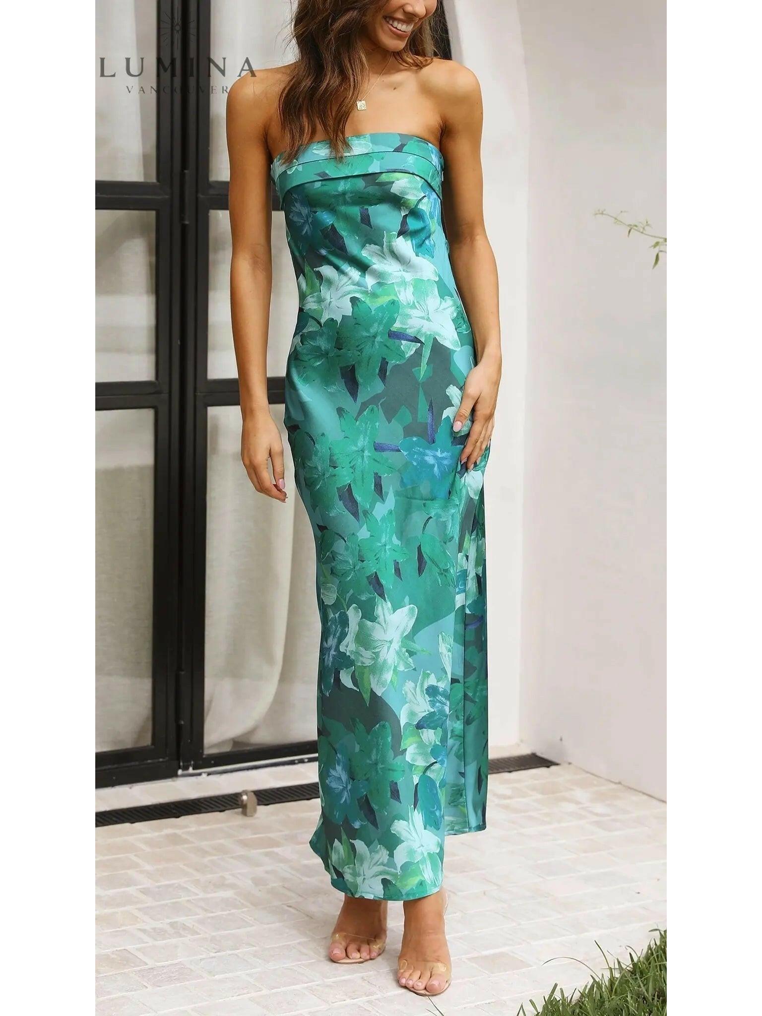 Pink Bellamy sleeveless floral maxi dress by Lumina Vancouver, perfect for wedding guests, featuring a flowing floral pattern and elegant design.