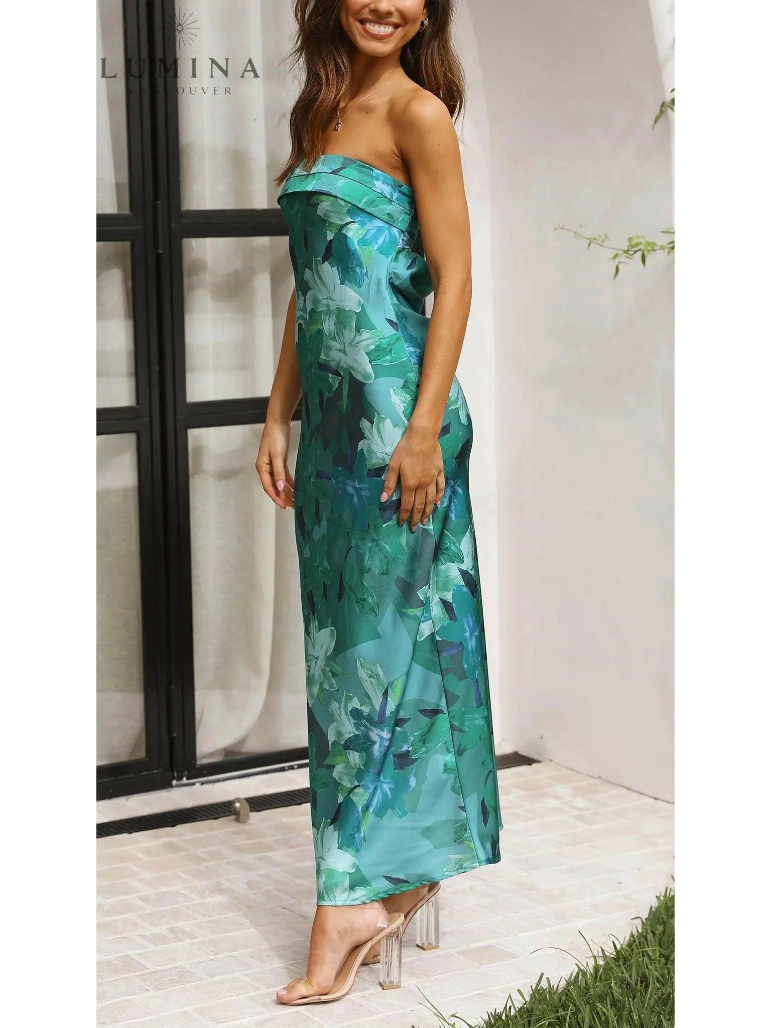 Pink Bellamy sleeveless floral maxi dress by Lumina Vancouver, perfect for wedding guests, shown on a model.
