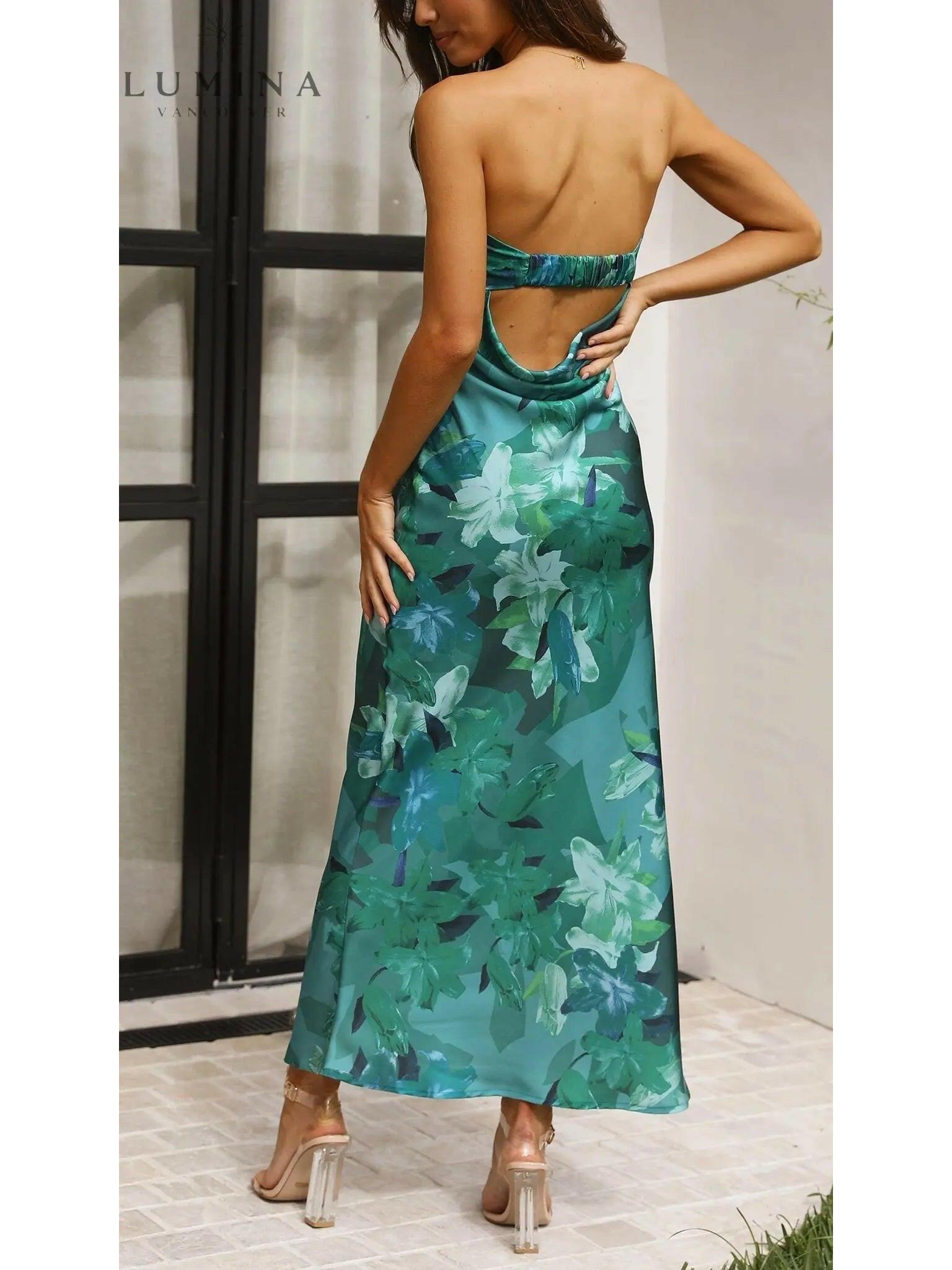 Pink Bellamy sleeveless floral maxi dress by Lumina Vancouver, perfect for wedding guests, shown on a model.