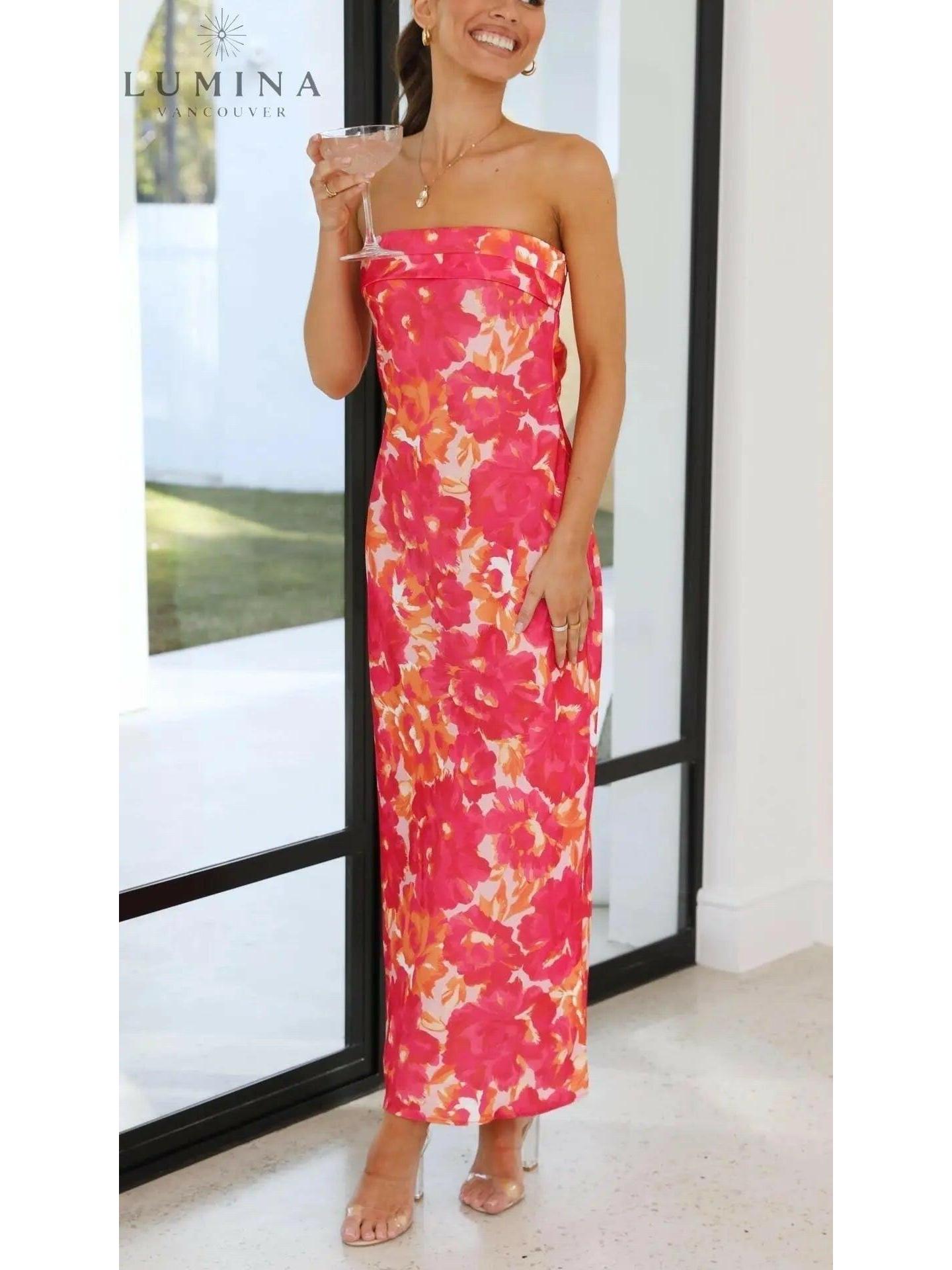 Pink Bellamy sleeveless floral maxi dress by Lumina Vancouver, perfect for wedding guests, shown on a size 8-10 model.