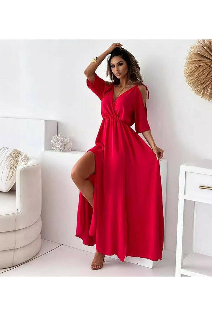 Red Billie V-neck Maxi Dress with trendy slit skirt by Lumina Vancouver, flowing fabric and stylish design.