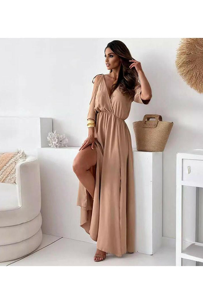 Red Billie trendy slit skirt V-neck maxi dress by Lumina Vancouver, featuring a flowy silhouette and stylish design.