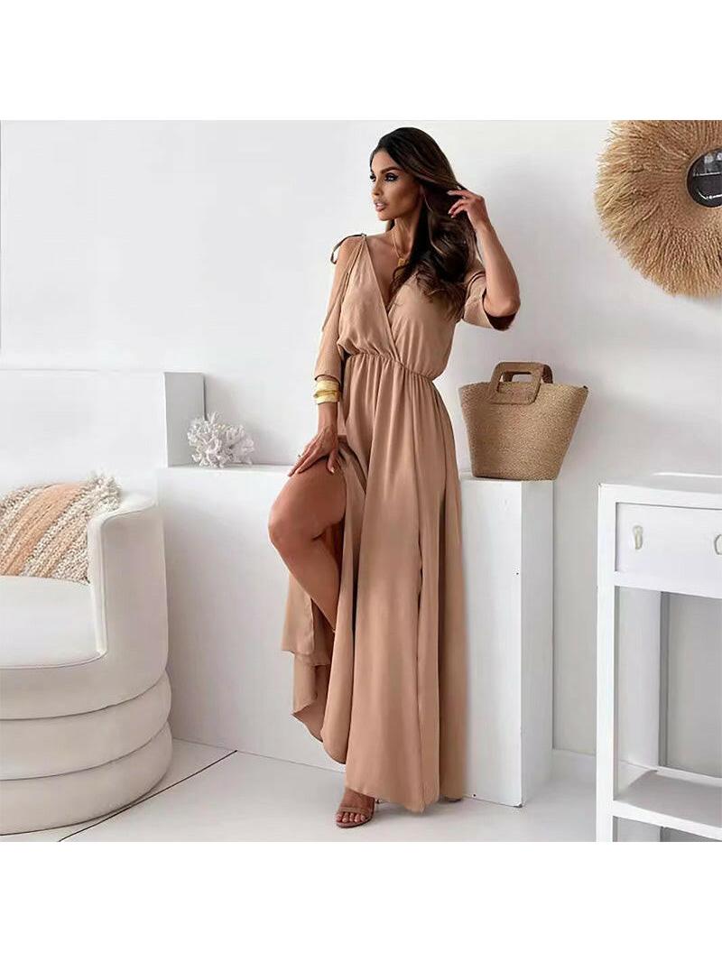 Red Billie trendy slit skirt V-neck maxi dress by Lumina Vancouver, featuring a flowy silhouette and stylish design.