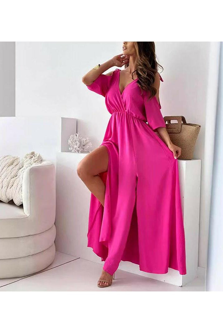 Red Billie trendy slit skirt V-neck maxi dress by Lumina Vancouver, featuring a flowing silhouette and stylish design.