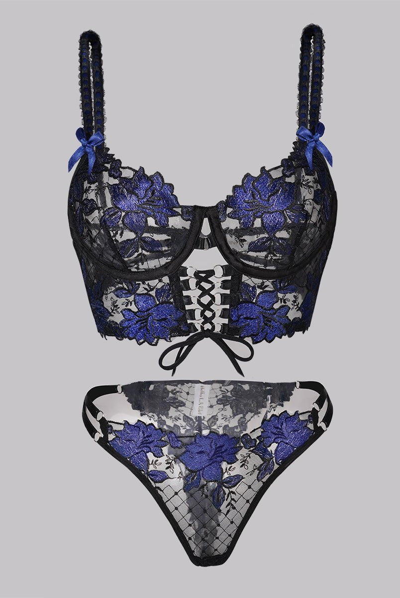 Black&Blue Floral Embroidery Ribbon Lingerie Set