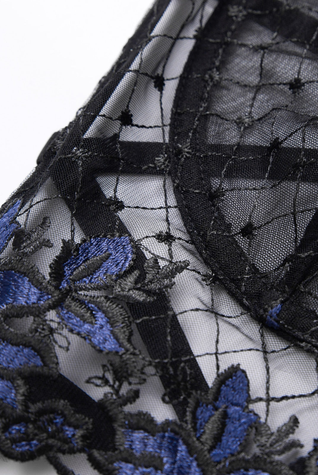Black and blue floral embroidery ribbon lingerie set, 2-piece set by Lumina Vancouver, featuring delicate lace and floral details.