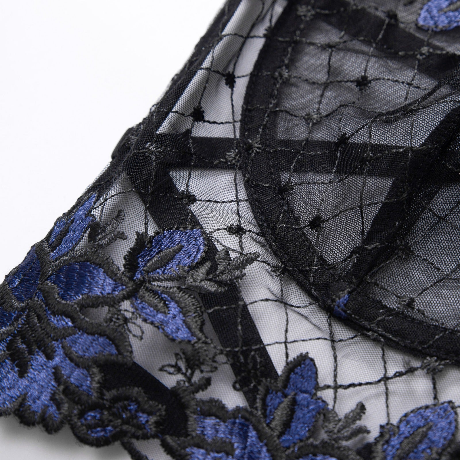 Black and blue floral embroidery ribbon lingerie set, 2-piece set by Lumina Vancouver, featuring delicate lace and floral details.