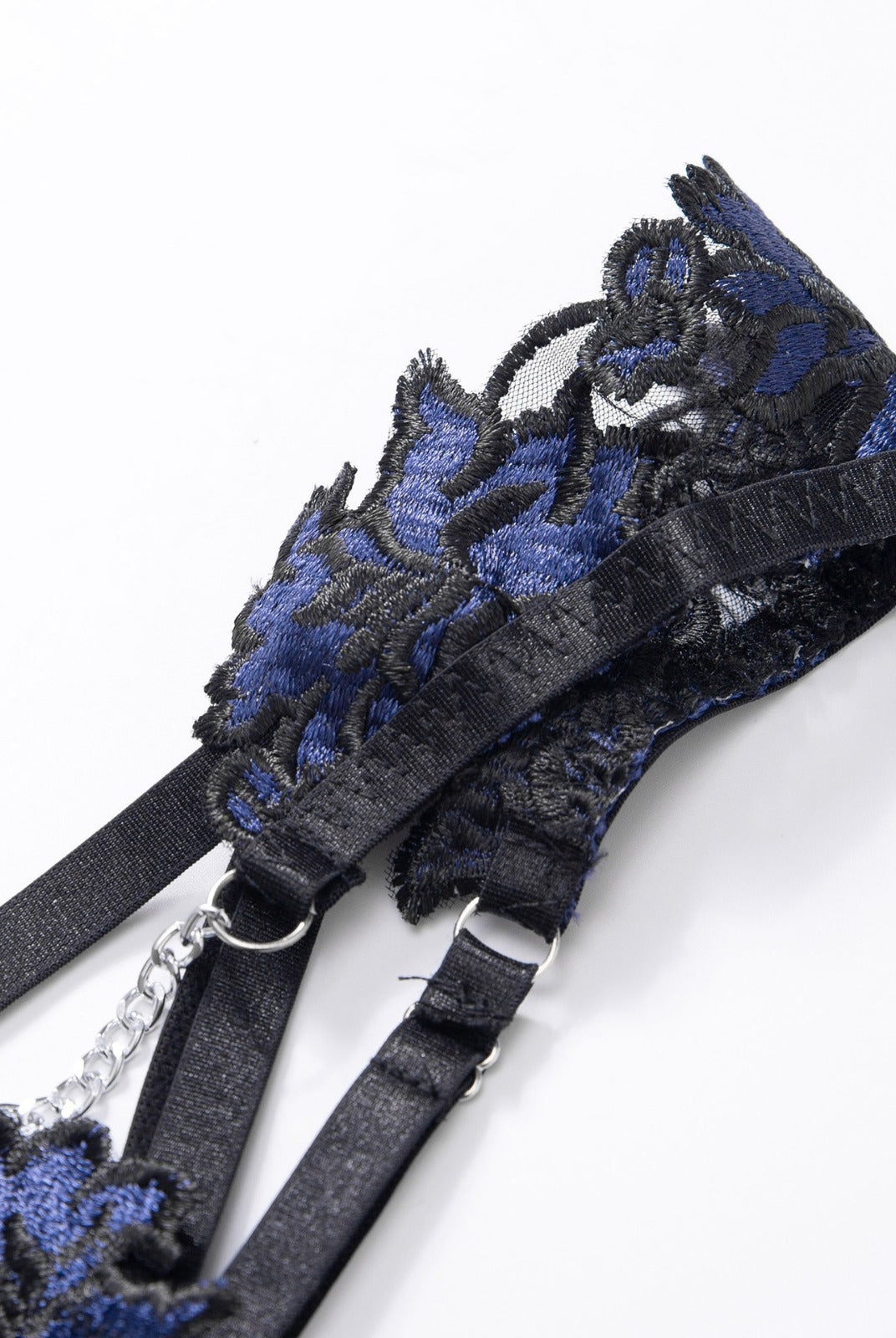 Black and blue floral embroidery ribbon lingerie set by Lumina Vancouver, includes two-piece set featuring delicate embroidery and satin ribbons.
