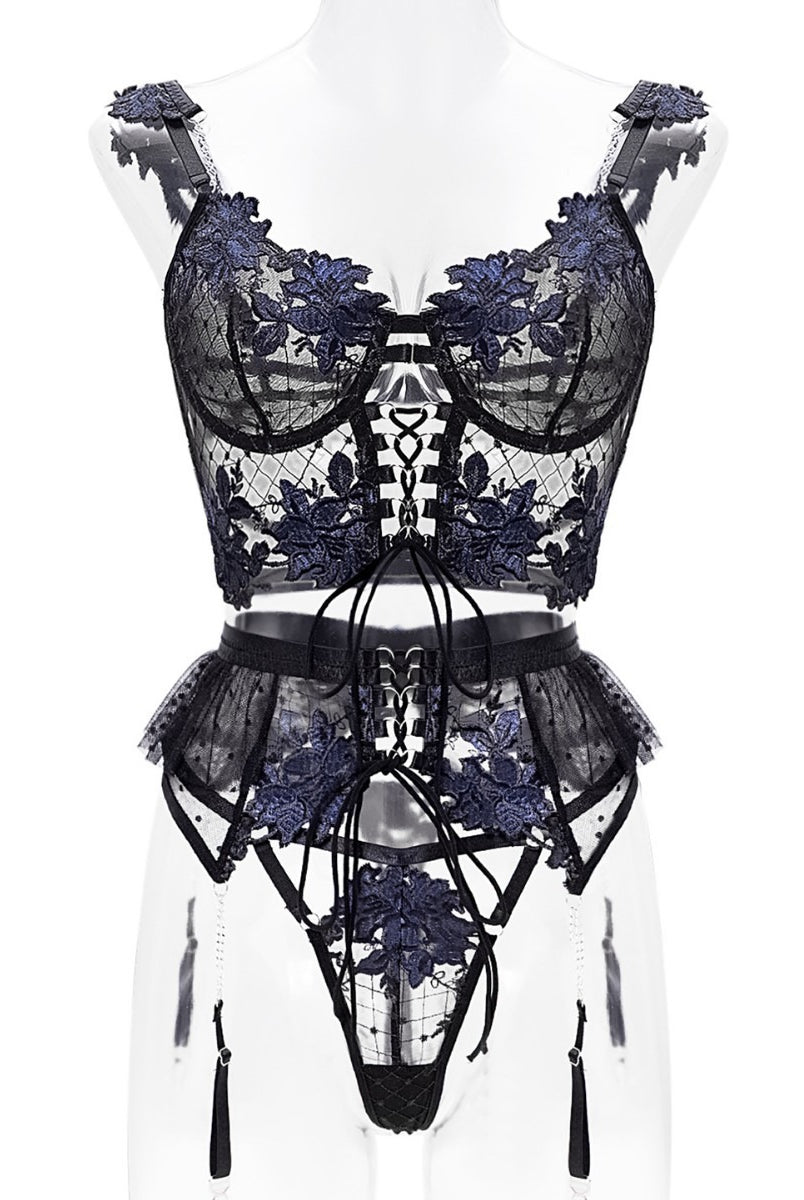 Black and blue floral embroidery ribbon lingerie set by Lumina Vancouver, featuring a 2-piece feminine lingerie ensemble.