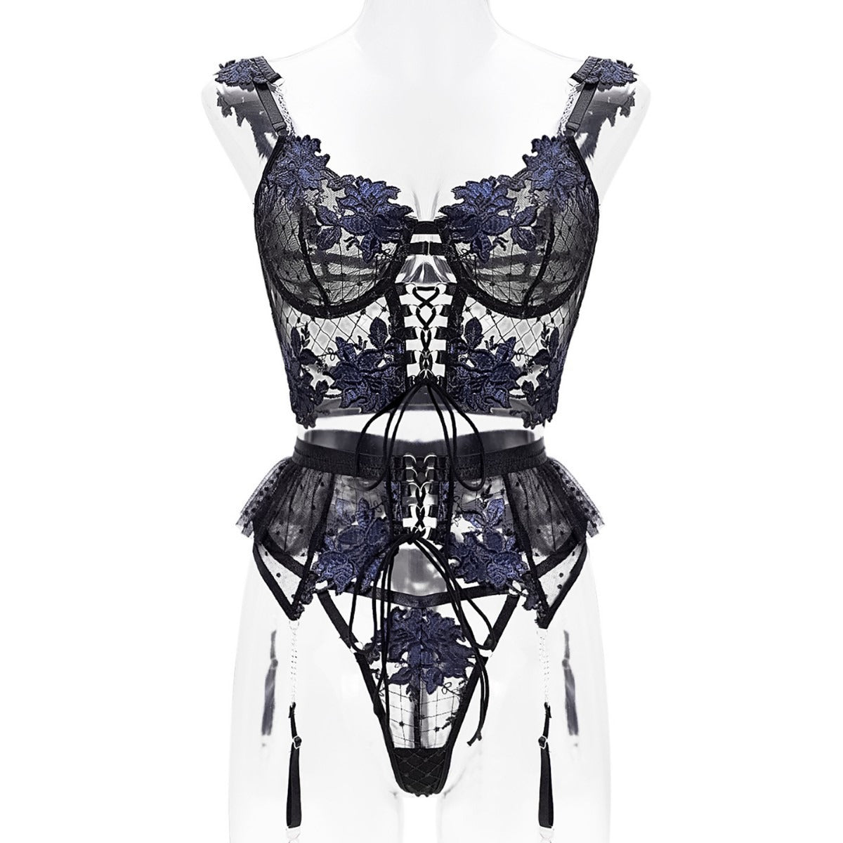 Black and blue floral embroidery ribbon lingerie set by Lumina Vancouver, featuring a 2-piece feminine lingerie ensemble.