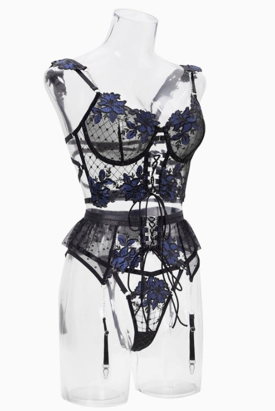 Black and blue floral embroidery ribbon lingerie set, 2-piece by Lumina Vancouver, featuring delicate lace and elegant design.