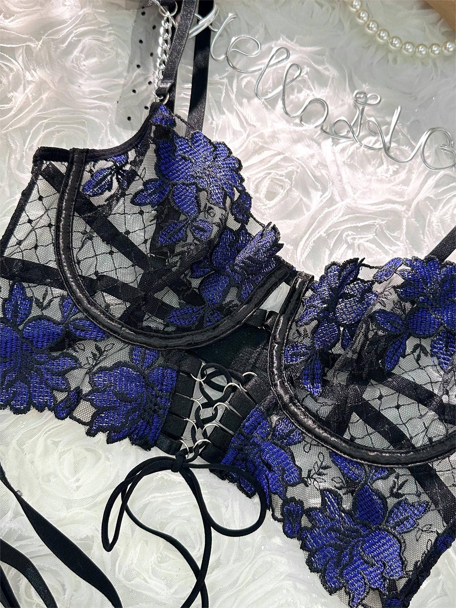 Black and blue lace tie adjustable sculpting body lingerie set, 3-piece set by Lumina Vancouver, featuring intricate lace details.