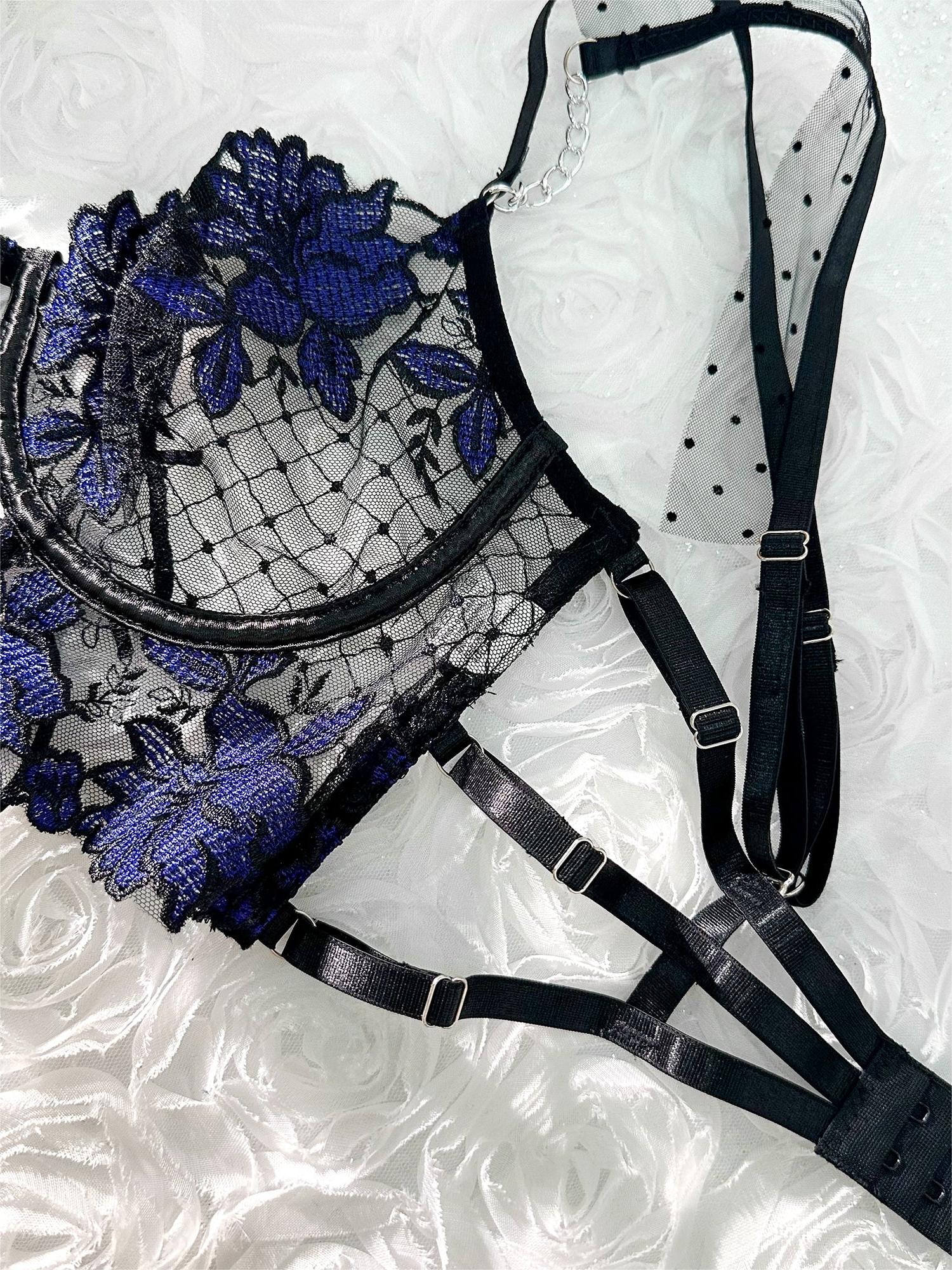 Black and blue lace tie adjustable sculpting body lingerie set, 3-piece set by Lumina Vancouver, featuring intricate lace details and flexible fit.