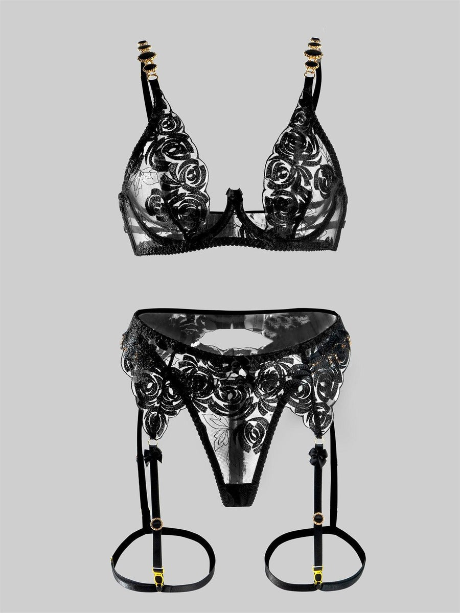 Black embroidered push-up lingerie set by Lumina Vancouver, 3-piece sexy lingerie with padded bras and matching panties.