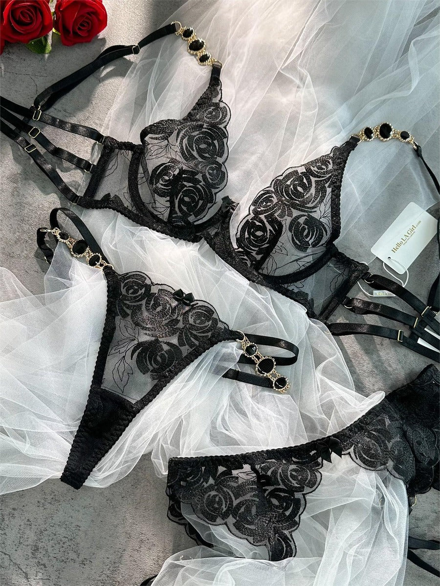 Black embroidered push-up lingerie set by Lumina Vancouver, 3-piece sexy lingerie with lace details and matching bra, panties, and garter belt.