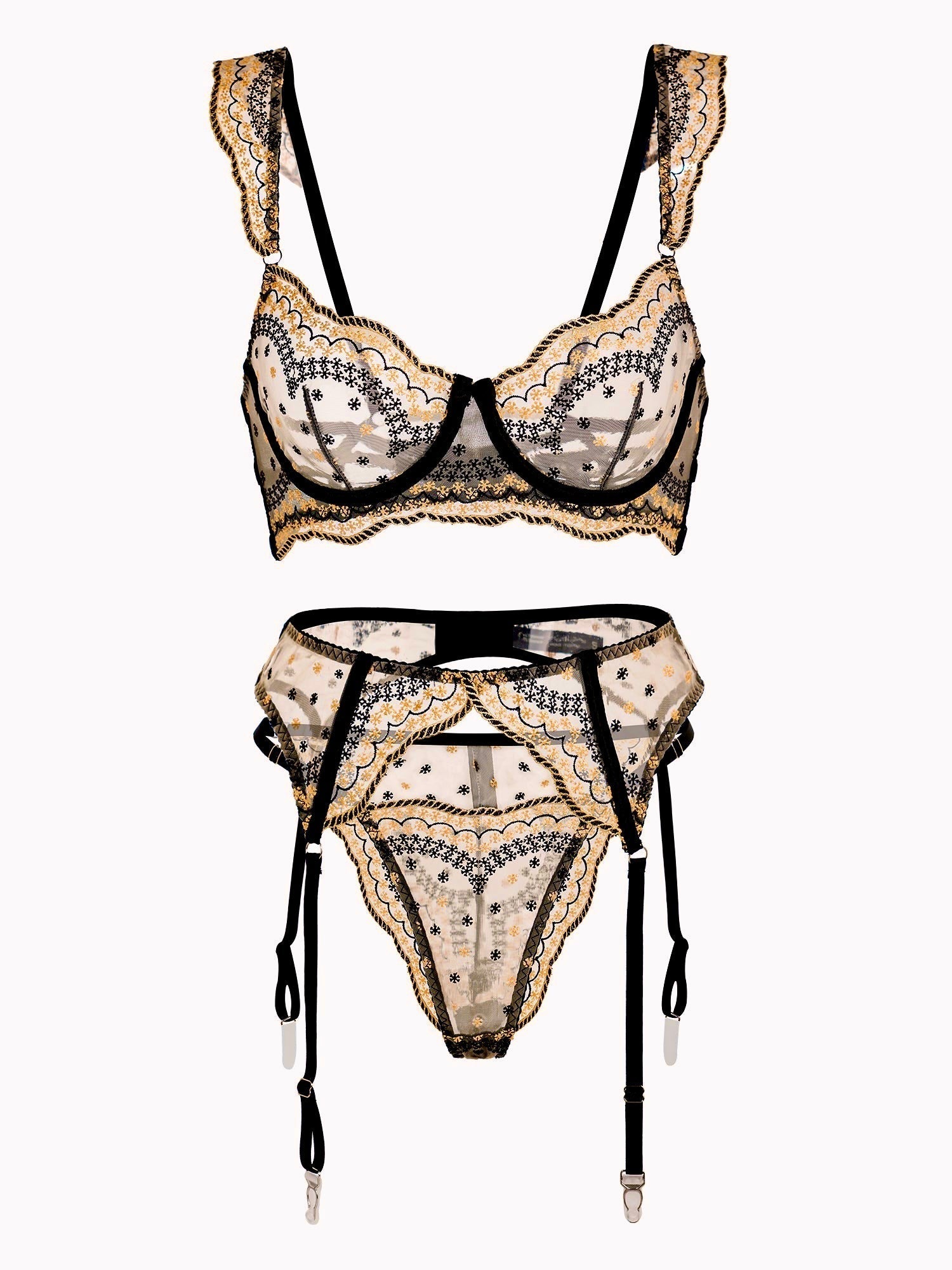 Black and gold luxury lace embroidered lingerie set, 3-piece collection by Lumina Vancouver featuring intricate details and elegant design.