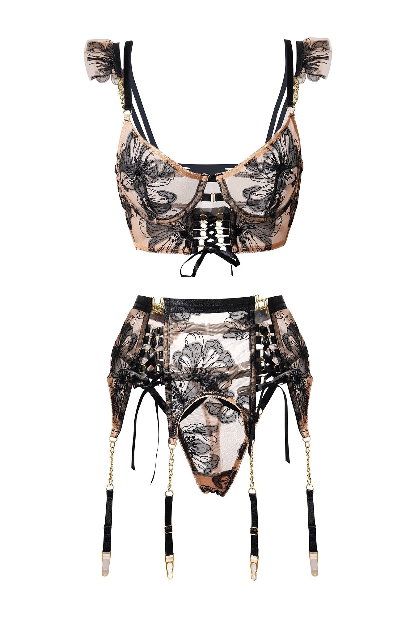 Black and nude ribbon sculpting body lingerie set by Lumina Wear, featuring a three-piece set with detailed design and adjustable straps.