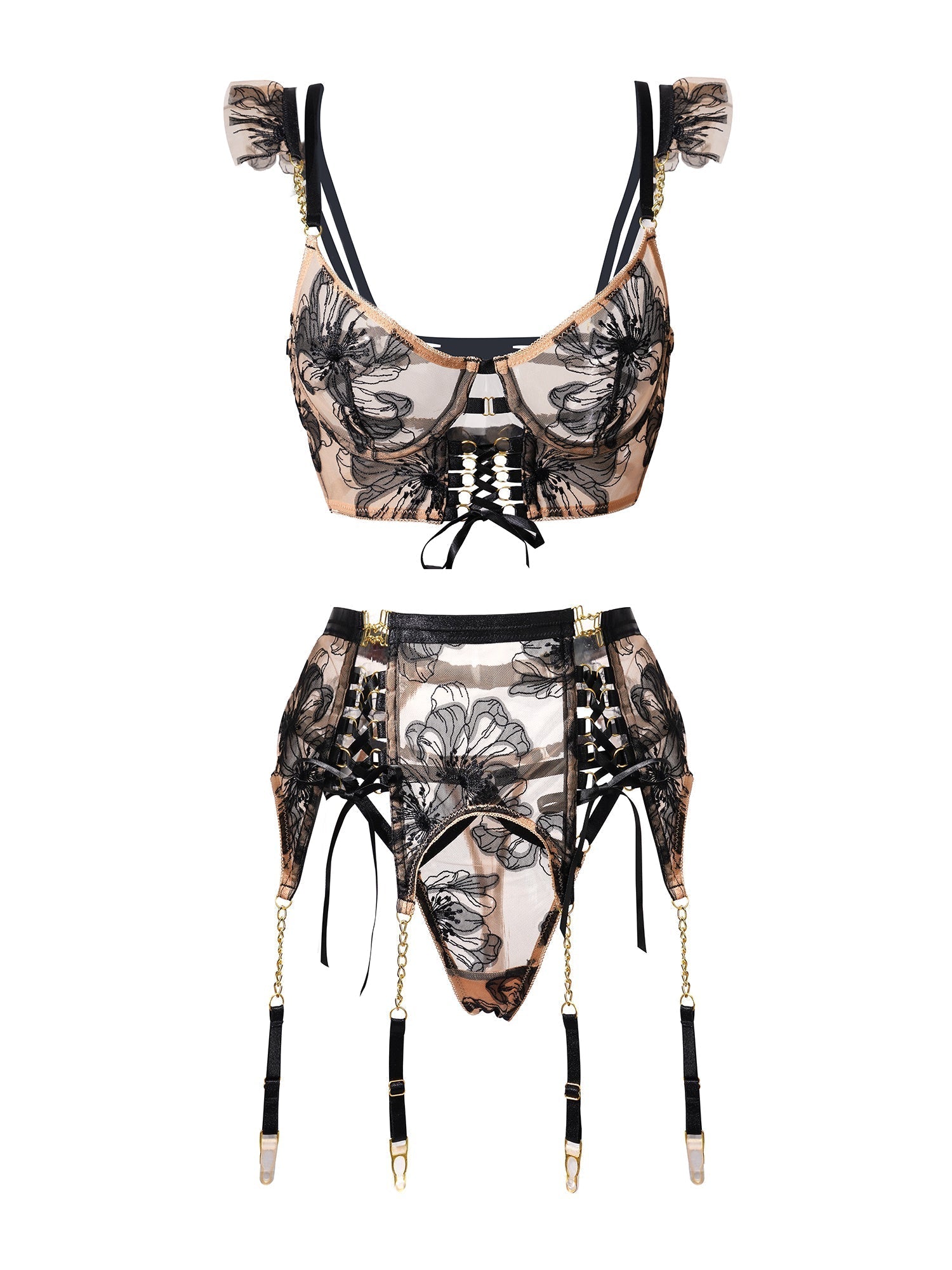 Black and nude ribbon sculpting body lingerie set with three pieces, designed by Lumina Vancouver, featuring elegant lace and shaping details.